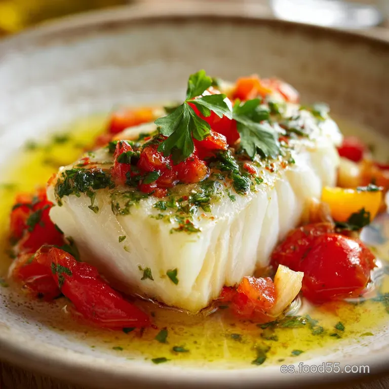 Bacalao al Ajoarriero plated elegantly, with a generous portion of the vibrant red sauce and a sprinkle of fresh parsley.