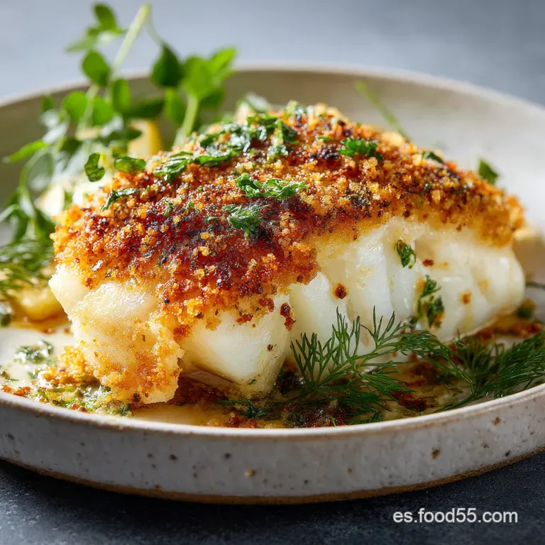 Bacalao confit plated with a sprig of rosemary, lemon slice, and olive oil drizzle, atop creamy potatoes and soft, translu...