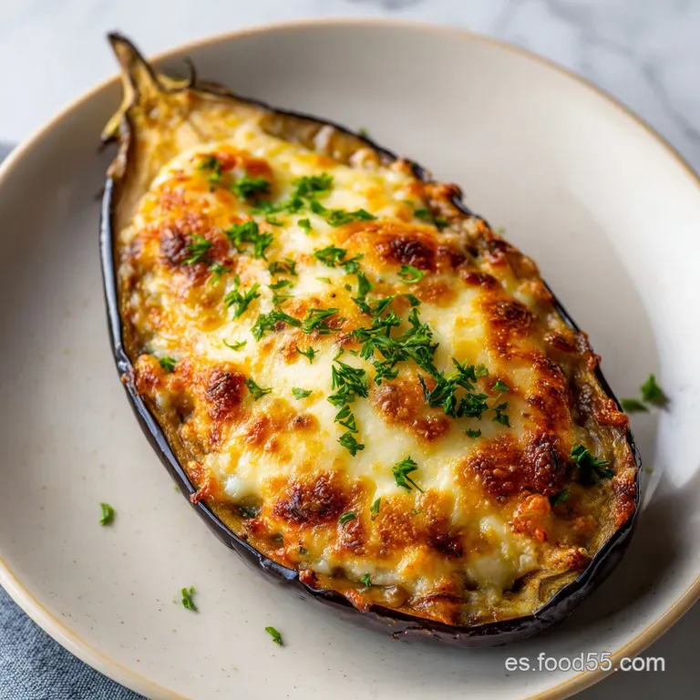 A rustic ceramic dish showcasing tender baked eggplant, generously covered in golden, stretchy cheese.