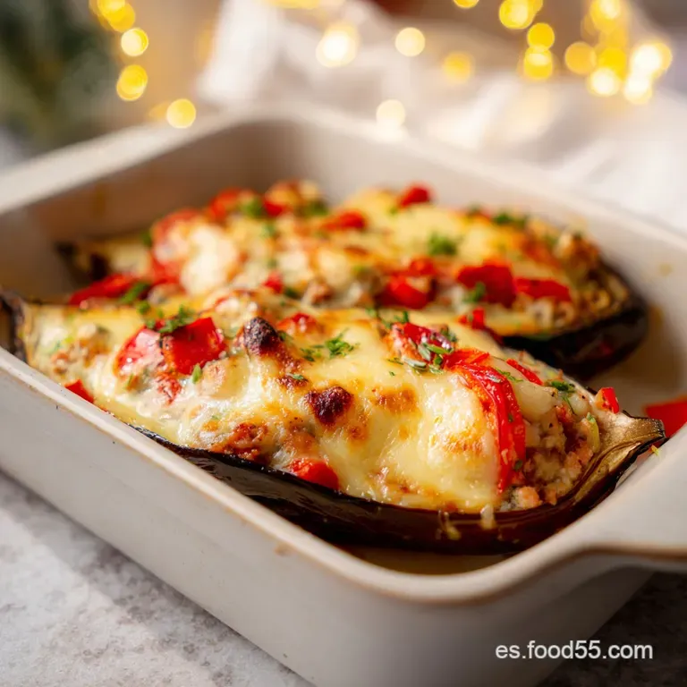 Berenjenas rellenas con costra tostada y perejil fresco picado, servidas en plato cer&aacute;mico con luz natural suave.
