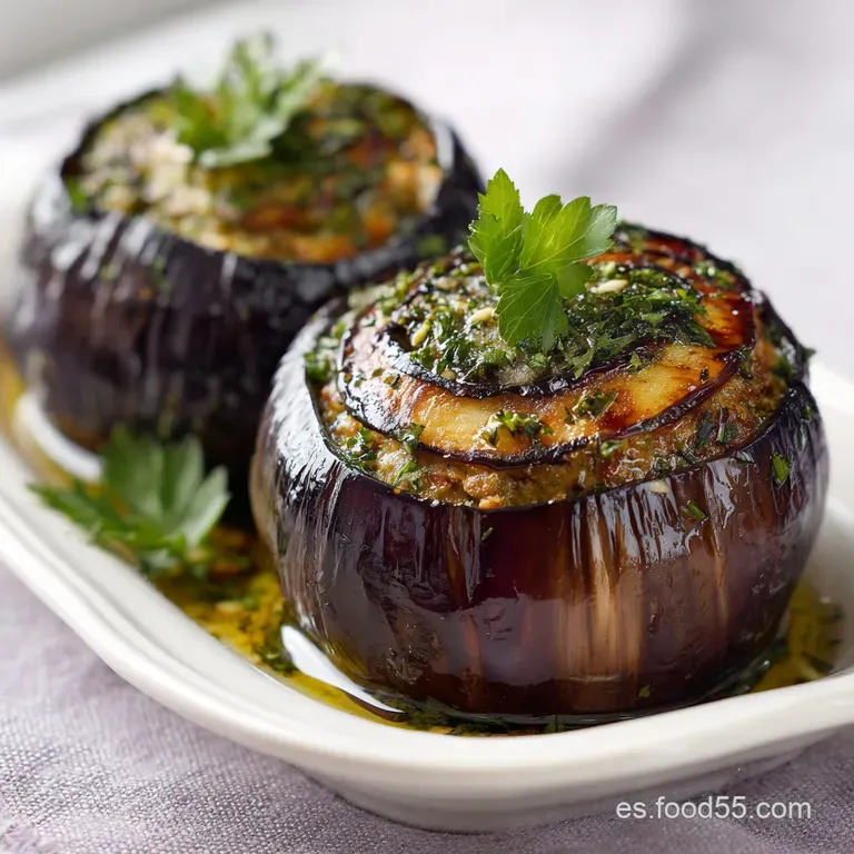A single eggplant half overflowing with savory meat filling, glistening under a broiled cheese crust. Parsley sprig accent...