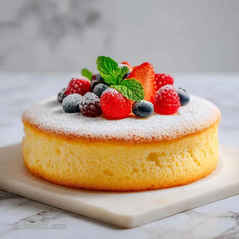 Slice of airy yogurt cake on a white plate, drizzled with honey, side of fresh berries, inviting and subtly sweet.