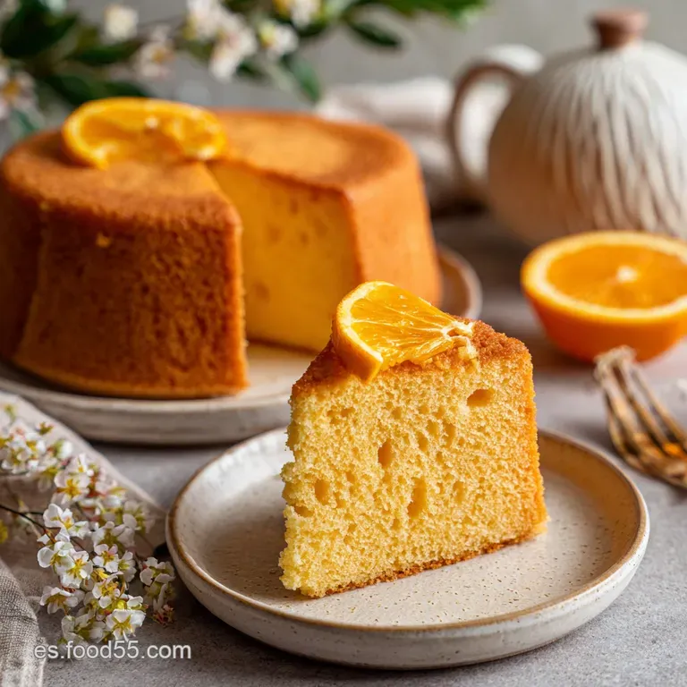 Slice of moist orange cake on a white plate. The cake has a light, airy crumb and a golden crust, hinting at sweetness.