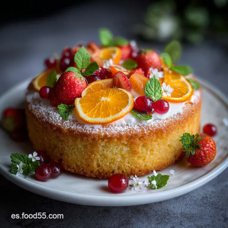 Slice of bright citrus cake on a white plate. Zesty orange peel garnish & light dusting. Warm, inviting, home-baked flavor.
