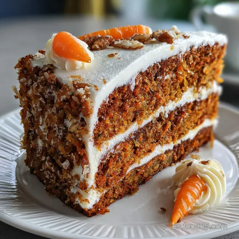 Slice of carrot cake on a white plate, creamy frosting swirls, a dusting of spice, against a warm, inviting backdrop.