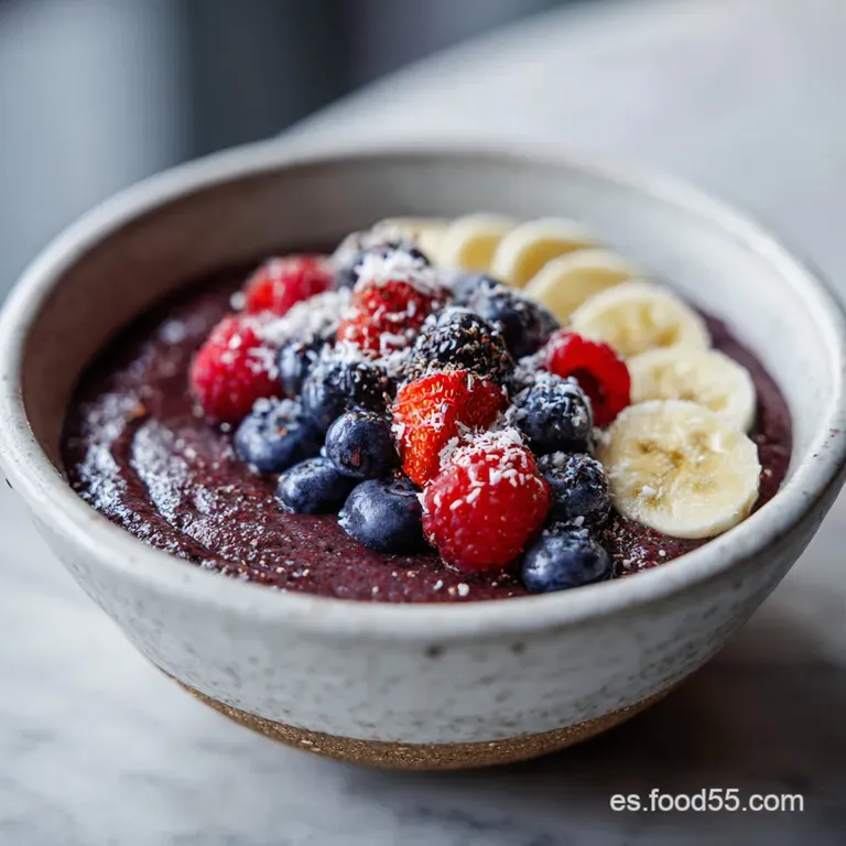 Creamy acai beautifully arranged in a glass bowl. Topped with sliced fruits, seeds, and a sprinkle of coconut flakes.