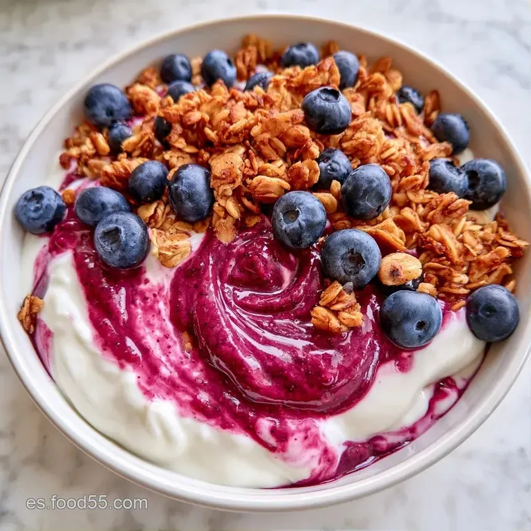 Disposición ordenada de rodajas de plátano y arándanos sobre una base espesa de color violeta y yogur sedoso.