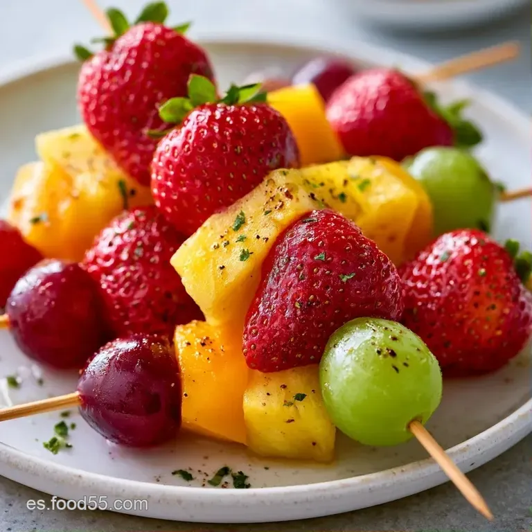 Frutas frescas dispuestas en filas con hojas de menta verde y un glaseado brillante sobre una tabla de madera.