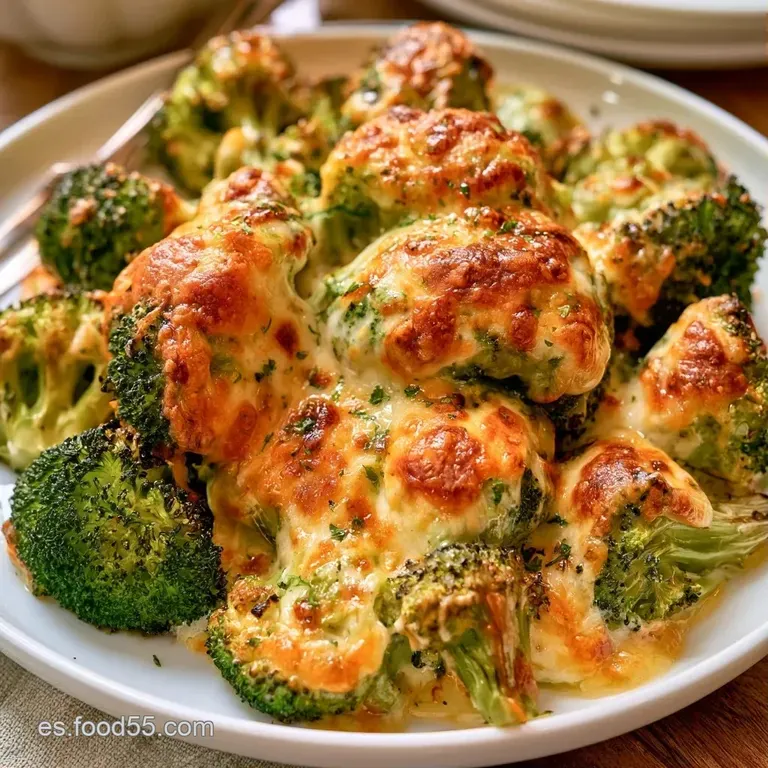 Porción de brócoli verde brillante con queso fundido y sedoso, dispuesta con elegancia sobre un plato oscuro.