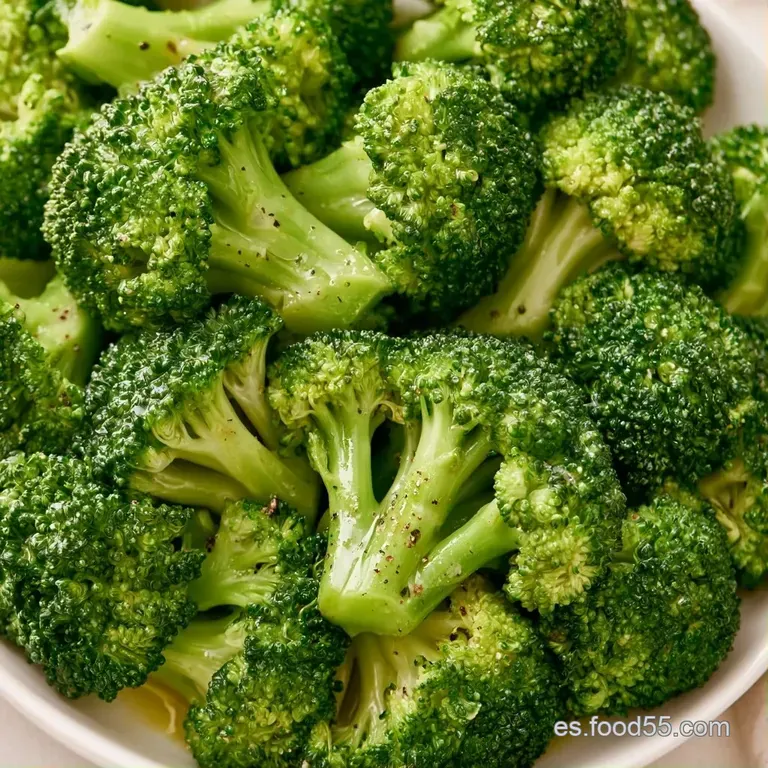 Brócoli verde brillante dispuesto elegantemente en plato neutro, con un brillo húmedo que resalta su textura tierna.