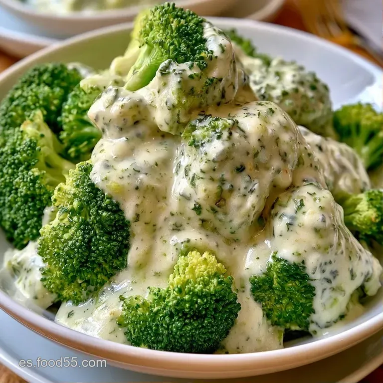 Brócoli verde brillante bañado en crema espesa y blanca, servido en plato cerámico con un toque de pimienta negra.