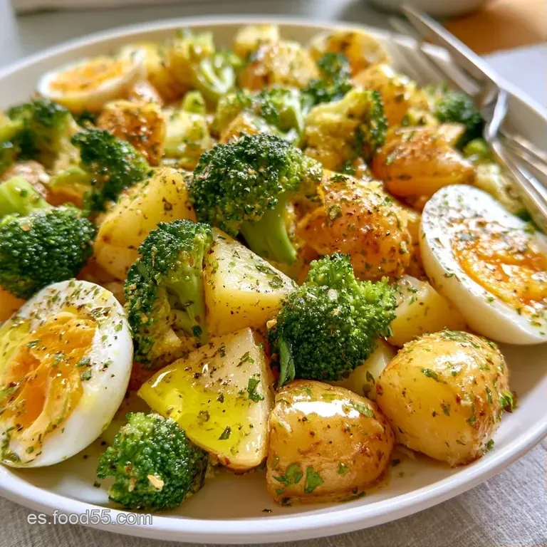 Montaje ordenado de patatas salteadas y brócoli al vapor, coronado con huevos pasados por agua y granos de pimienta.