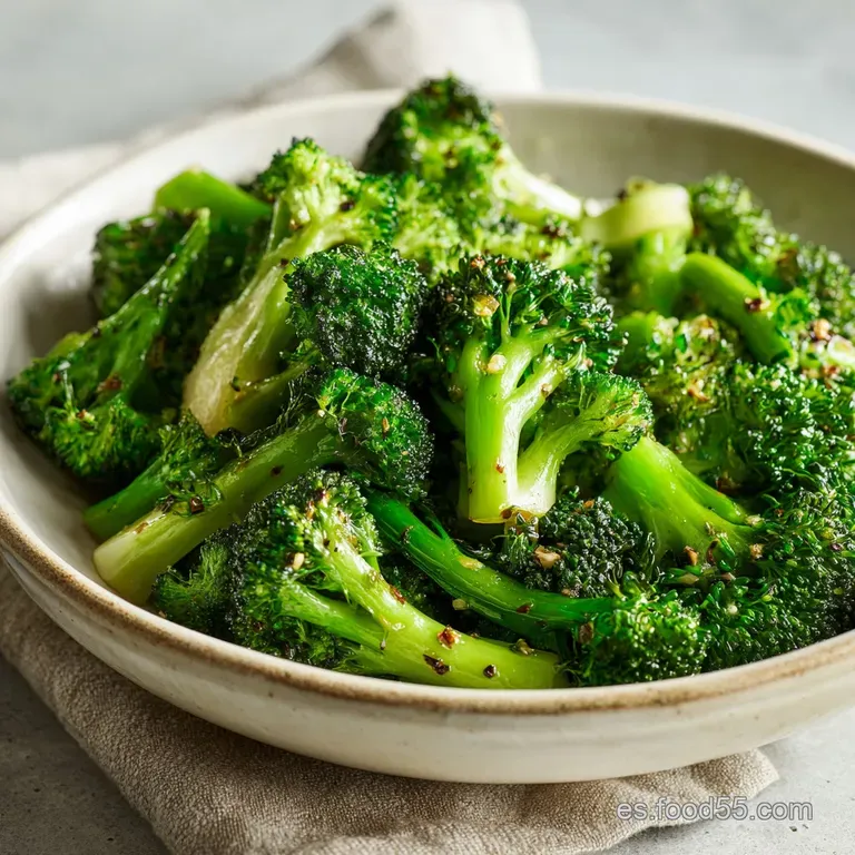 Emerald broccoli saut&eacute;ed with crisp garlic, artfully arranged on a white plate with light shining, highlighting texture.
