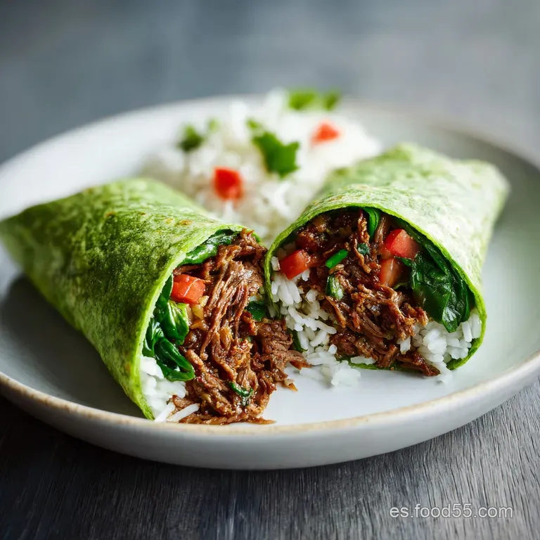 A neatly plated burrito showcasing a cross-section of seasoned meat and fresh toppings wrapped in a speckled green spinach...