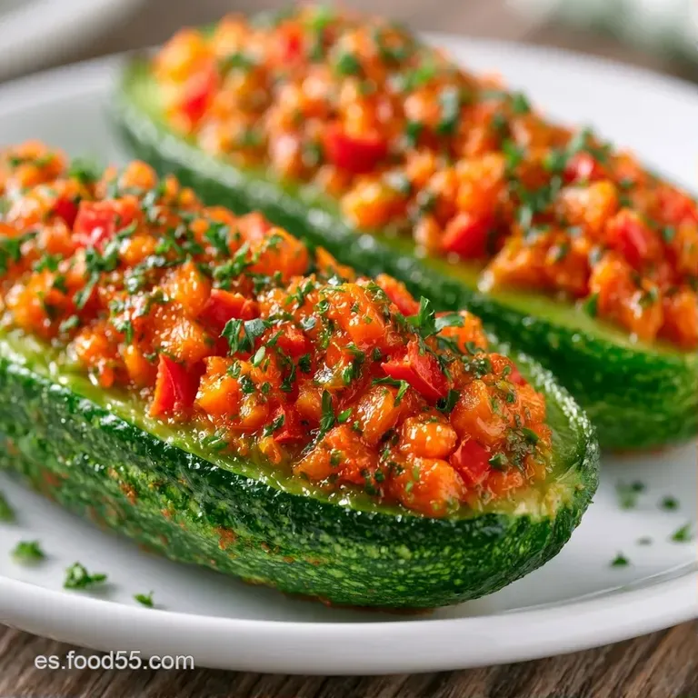 Dos calabacines rellenos sobre plato blanco, decorados con perejil fresco y un hilo de aceite de oliva brillante.