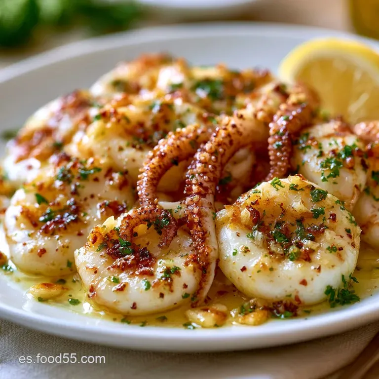 Calamares tiernos dispuestos con cuidado, resaltando su tono blanco y dorado con un toque verde de hierbas arom&aacute;ticas.