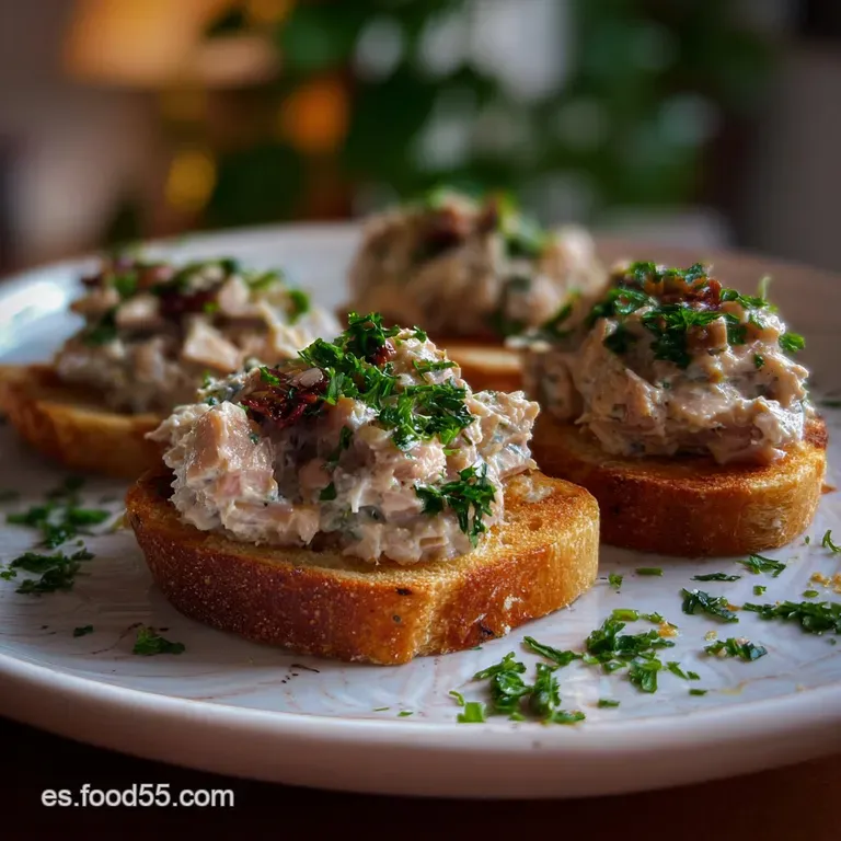 Elegant canap&eacute; trio, featuring golden-brown crackers topped with rich p&acirc;t&eacute; and flaked mackerel, artfully plated on white p...
