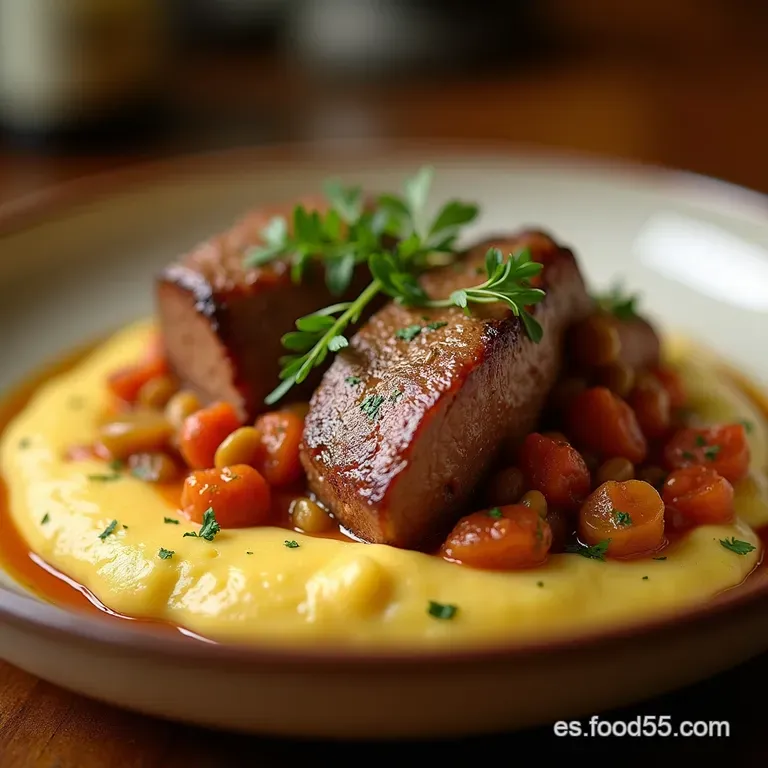 Lomo De Res Sellado Con Rag&uacute; De Vegetales De La Huerta Y Pur&eacute; De Papas Cremoso Al Romero presentation