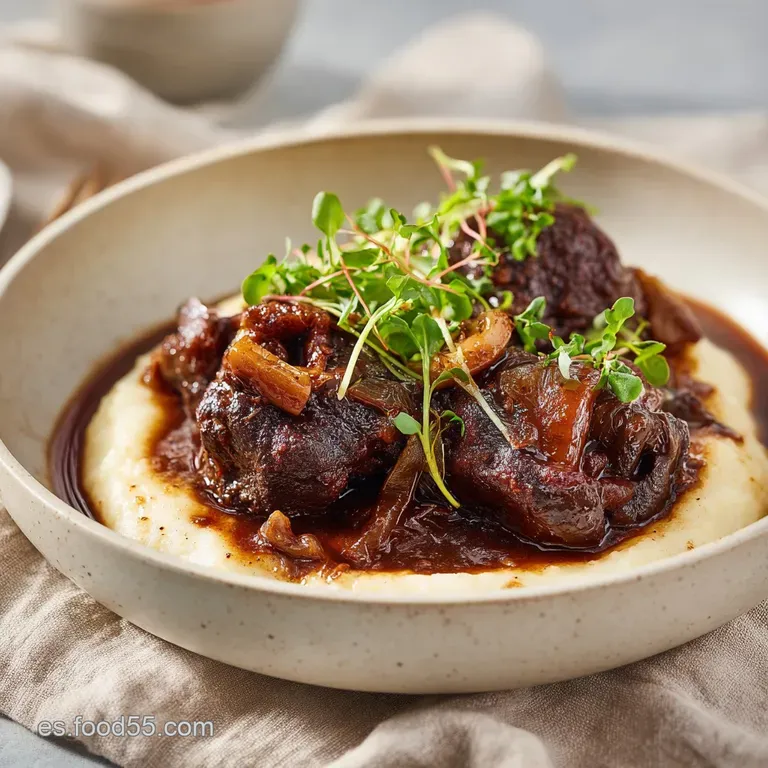A tender pork cheek plated beautifully, glistening with dark sauce; vibrant green garnish contrasts with the rich, dark me...