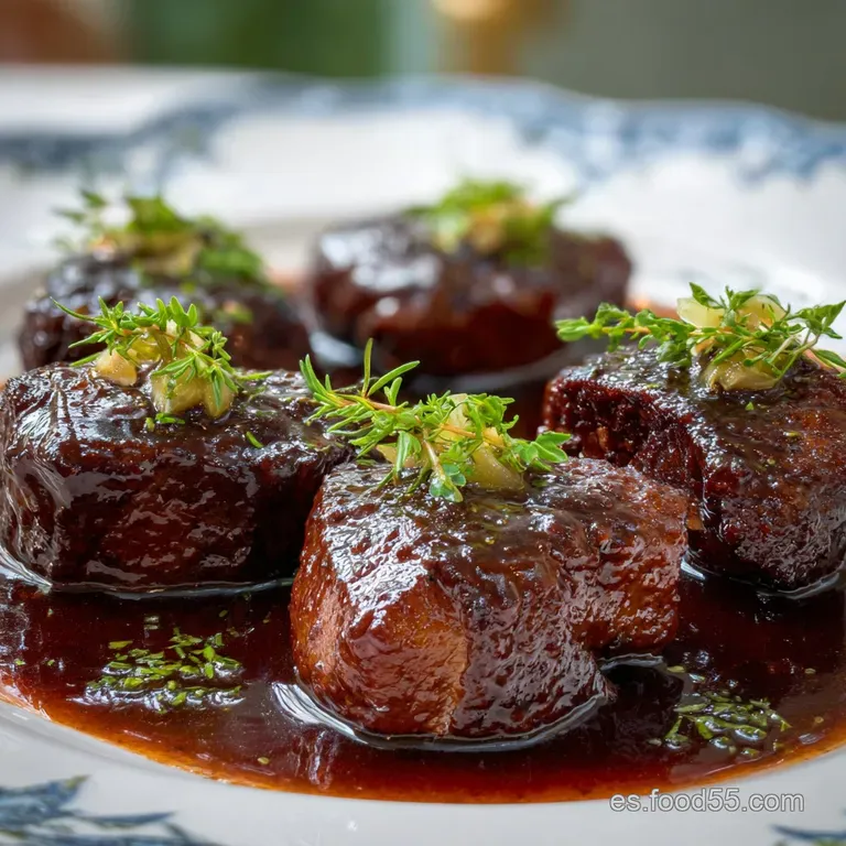 Tender braised beef cheek plated with creamy mashed potatoes, garnished with fresh herbs and a drizzle of wine reduction.