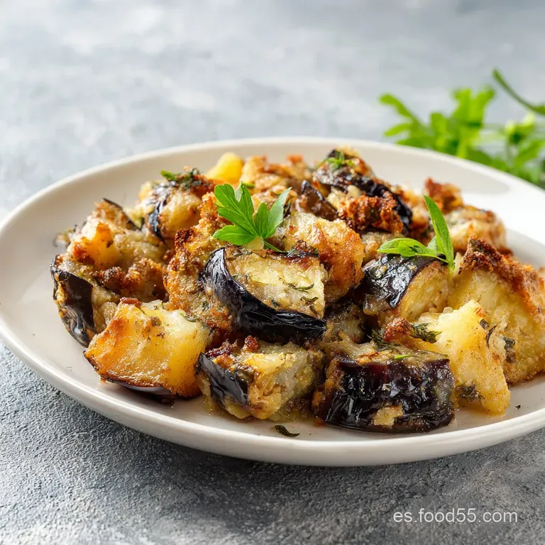 Hearty baked eggplant and potato slices, topped with melted cheese and fresh parsley, artfully arranged on a white plate.