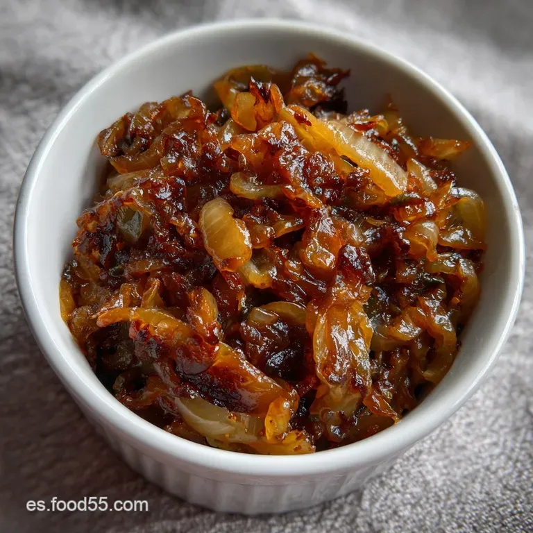 Glistening, amber onions artfully arranged on a white plate. Textures range from soft to slightly crisp, a symphony of fla...
