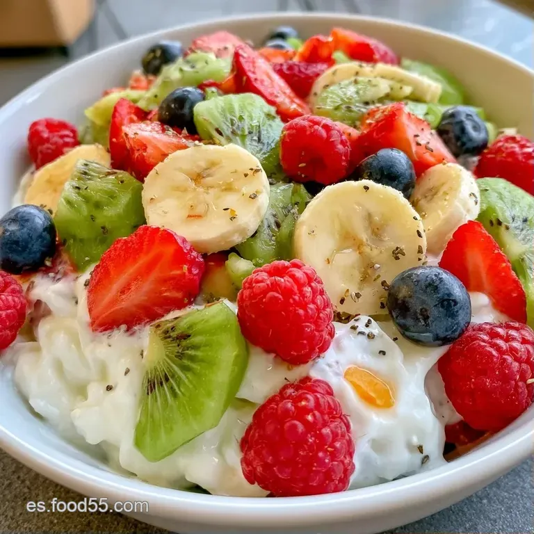 Elegante cuenco de porcelana con cereales crujientes, fresas laminadas y arándanos sobre una base de leche blanca.