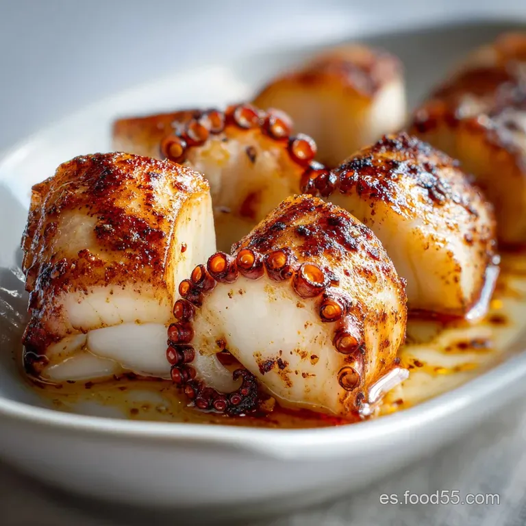 Plated baby squid with charred edges, drizzled with green oil, garnished with lemon wedges, ready to eat.