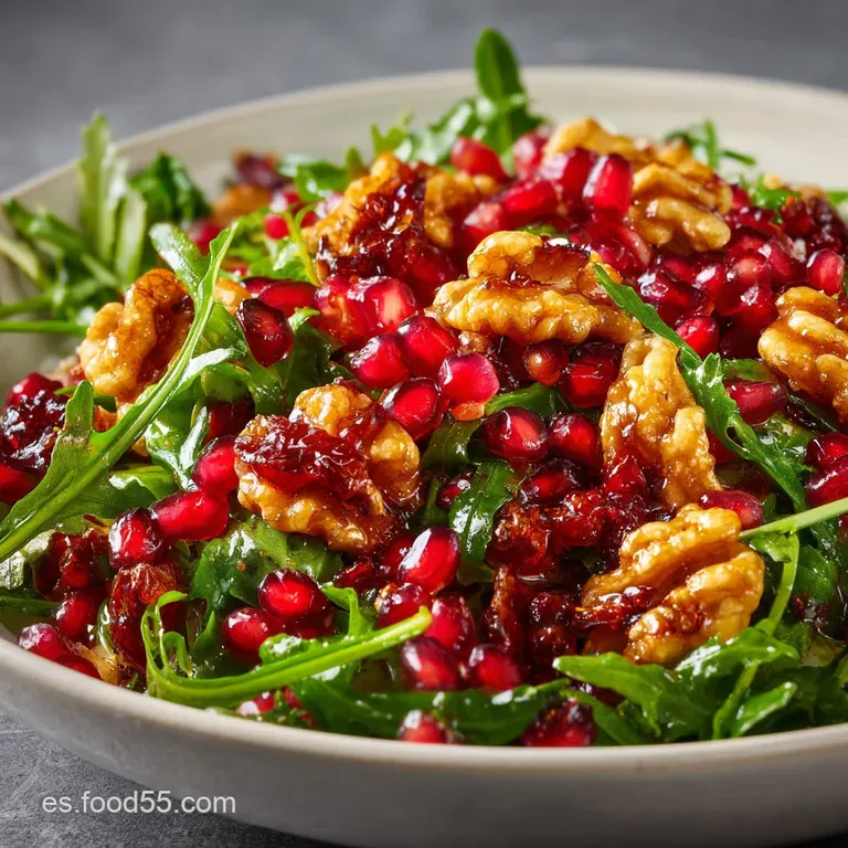 Festive salad on a white plate, pomegranate arils catch the light. Candied pecans add crunch. A vibrant, healthy Christmas...