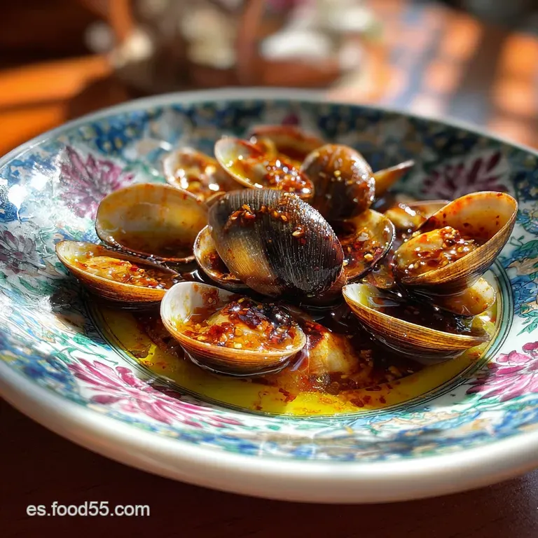 Coquinas artfully arranged on a white plate, bright parsley adding freshness. Golden garlic slices peek through, promising...