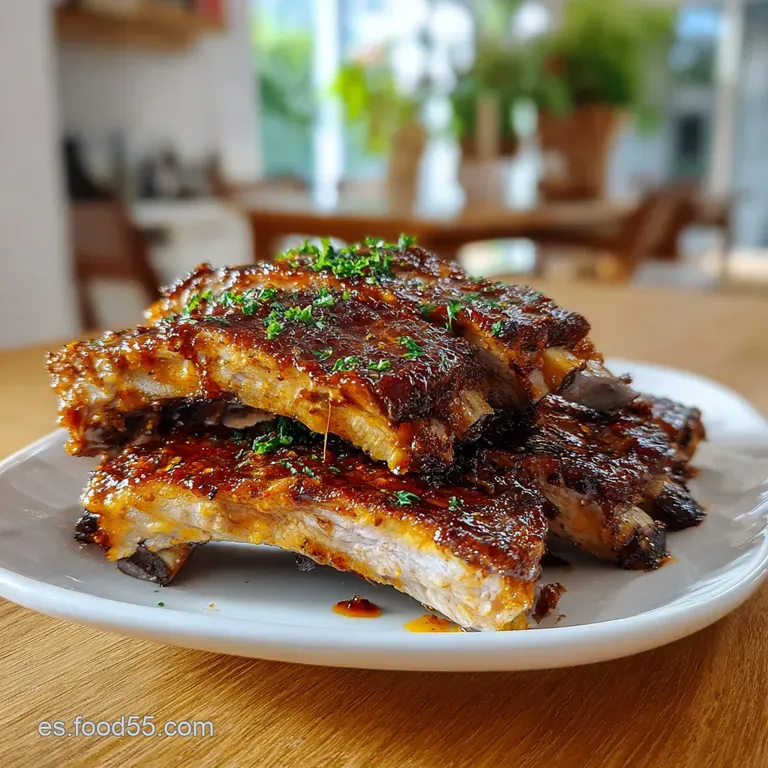 Plated, mahogany-glazed ribs resting on vibrant green parsley with lemon wedges, invitingly glistening under the light.