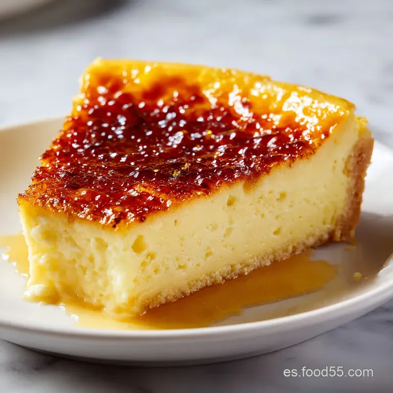 Postre cremoso en cuenco de cer&aacute;mica con costra de caramelo brillante y una hoja de menta fresca sobre fondo neutro.