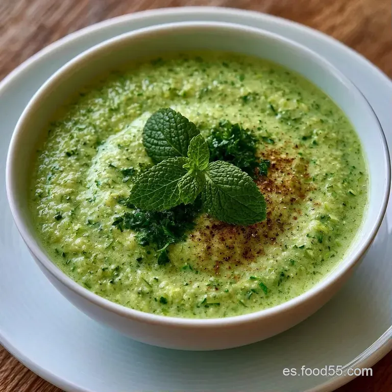 Sopa fría de tono verde suave servida en plato hondo, decorada con gotas de aceite y una hoja de menta fresca.