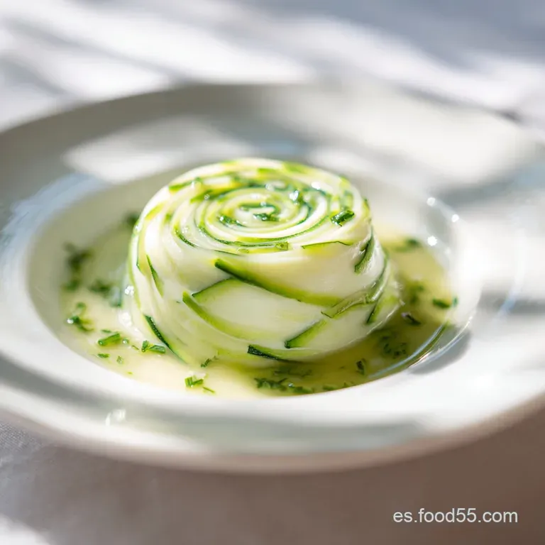Emerald zucchini soup artfully ladled, garnished with delicate leek ribbons, creamy swirls, and fresh herbs on a white plate.