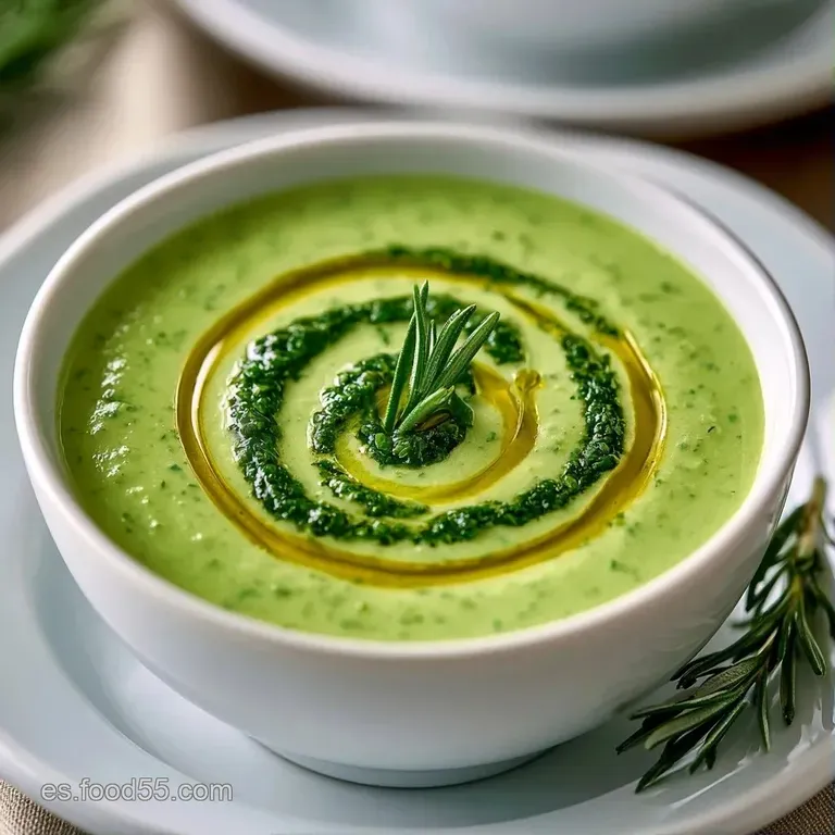 Bol blanco con sopa aterciopelada verde claro, decorada con semillas tostadas y un hilo de aceite oliva brillante.