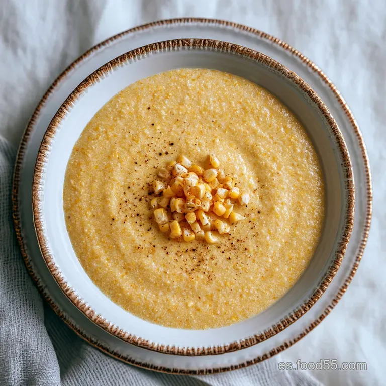 Crema dorada servida en plato hondo con un elegante remolino de nata blanca y trozos de cebollino verde fresco.