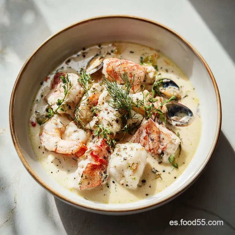 Elegant bowl of seafood bisque topped with delicate shrimp. A sprig of fresh dill adds a bright, herbaceous note. Luxurious.