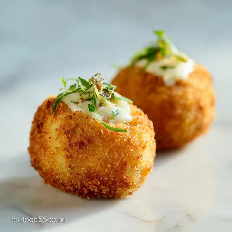 Creamy cod croquettes plated artfully on a white plate. The crispy, golden shells hint at the delectable, soft filling ins...
