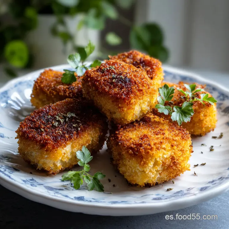 Elegantly plated chicken croquettes with a sprinkle of fresh parsley. Warm, golden hue and slightly rough fried crust.