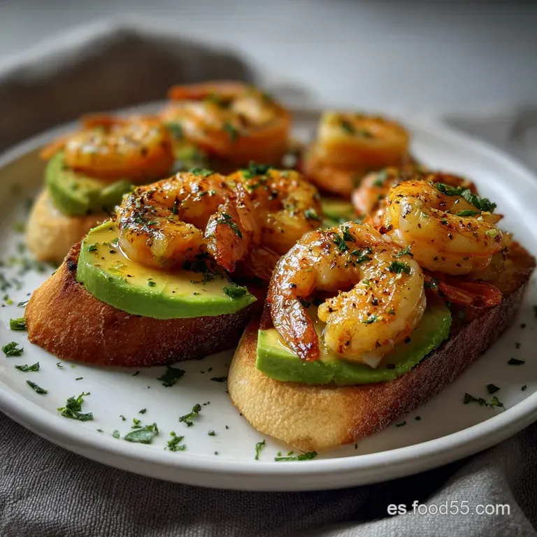 Elegant plate of garlic shrimp crostini. Sliced avocado, plump shrimp, and herbs atop perfectly toasted bread, ready to be...