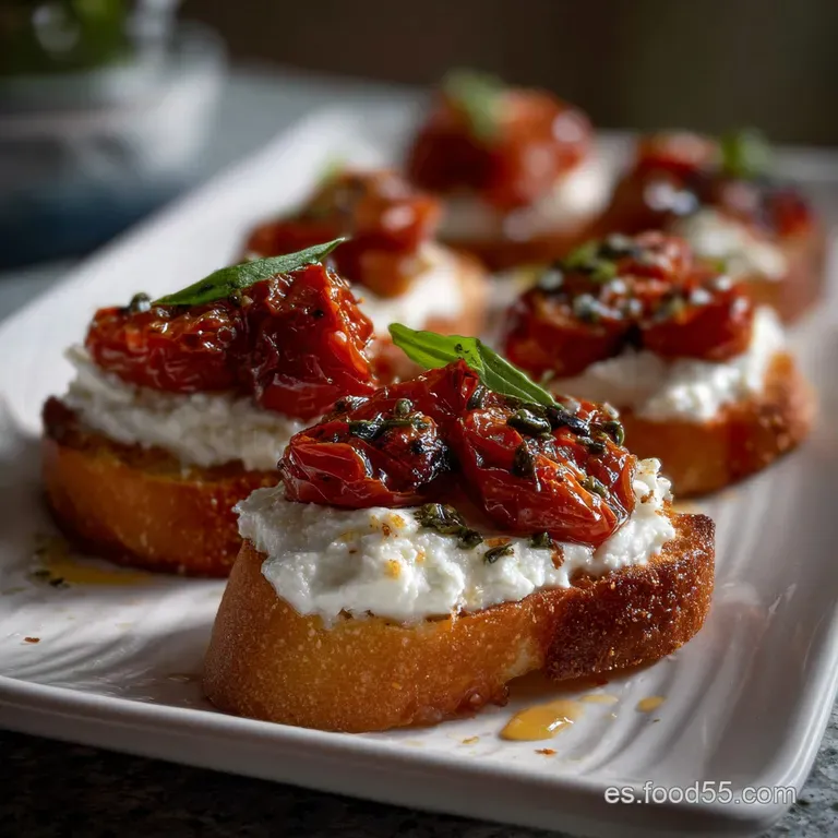 Elegant white plate showcasing a perfectly arranged crostini. The glistening tomatoes gleam against the creamy base, a spr...
