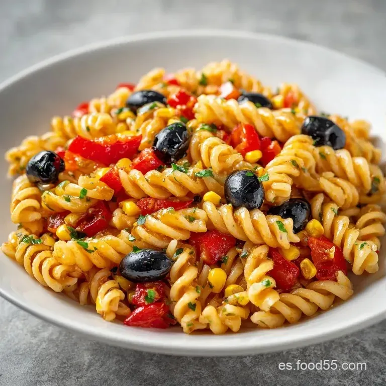 Bol blanco con pasta en espiral, trozos de vegetales vibrantes y una salsa espesa y brillante bajo luz natural.