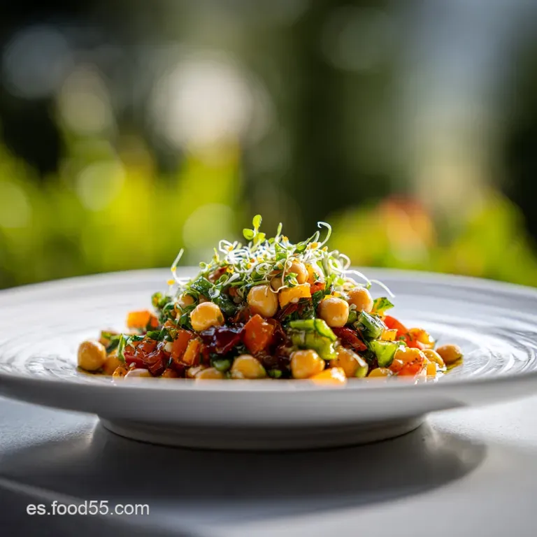 A single serving of chickpea salad presented in a white bowl, garnished with a sprig of fresh parsley. Lightly dressed wit...