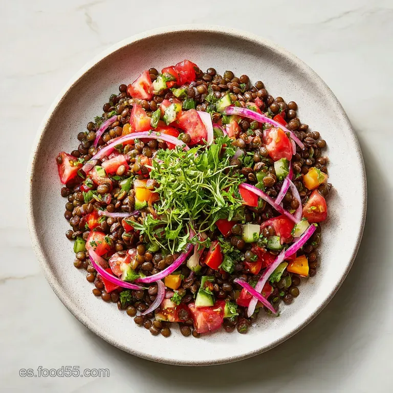 Lentil salad elegantly plated. Herbs add a fresh pop against the earthy lentils. A drizzle of dressing adds visual interest.