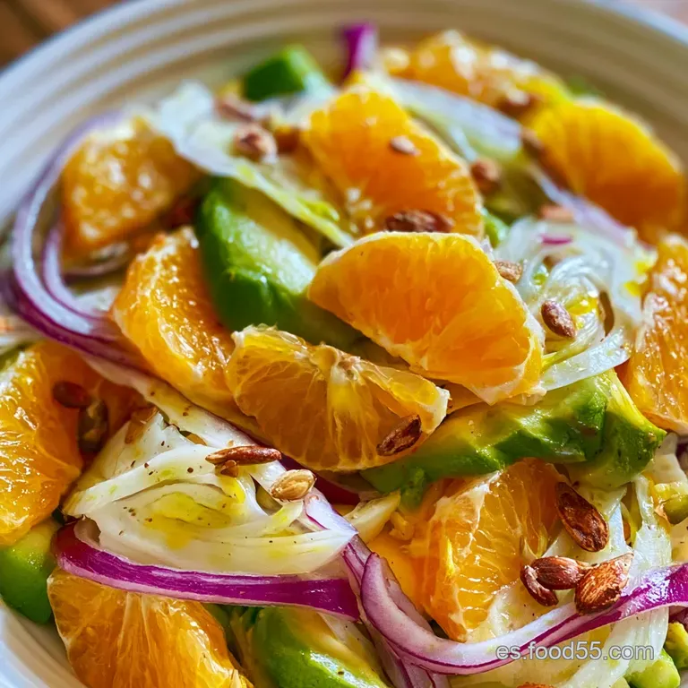 La ensalada se presenta elegantemente en un plato blanco, resaltando los colores vivos de las naranjas y la frescura de la...