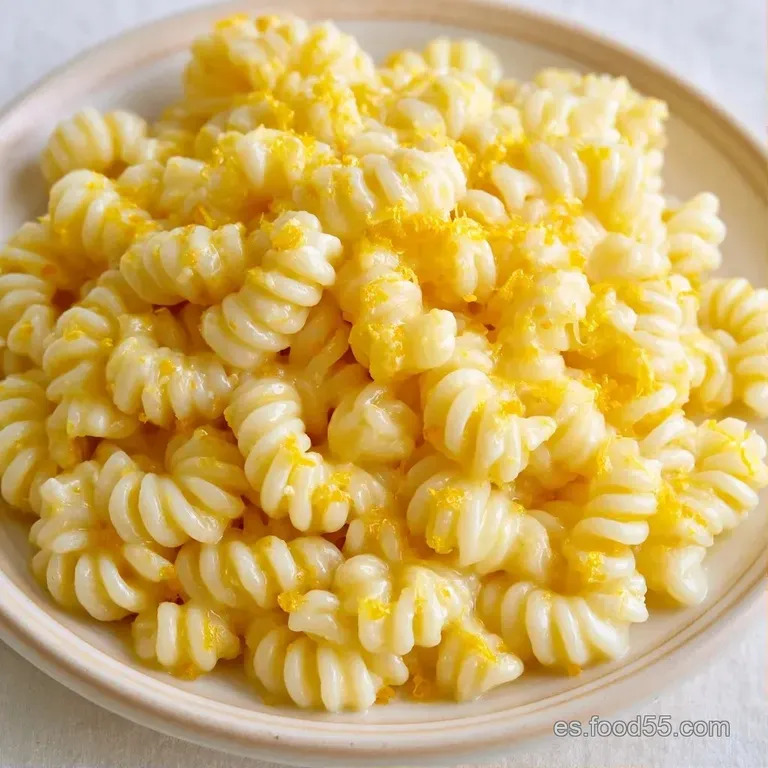 Plato blanco con pasta ba&ntilde;ada en salsa c&iacute;trica, decorada con rodajas finas de lim&oacute;n y briznas de hierba verde brillante.