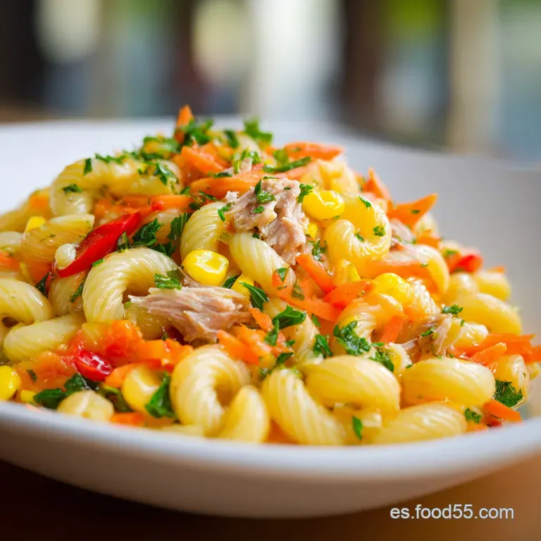 Pasta dispuesta en espiral con ma&iacute;z dorado y at&uacute;n desmenuzado, decorada con perejil fresco sobre fondo neutro suave.
