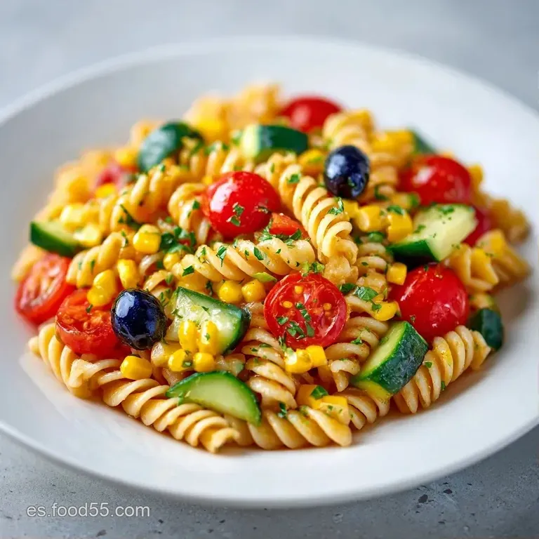 Plato hondo con pasta cremosa, trozos de queso blanco y perejil fresco picado esparcido sobre colores vibrantes.