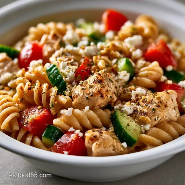 Plato cer&aacute;mico blanco con pasta colorida, vegetales crujientes y un aderezo brillante que resalta los tonos vibrantes.
