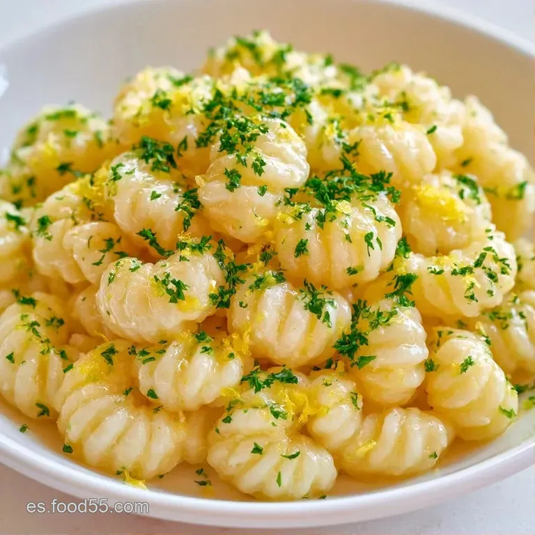 Pasta dispuesta con delicadeza, adornada con ralladura de lim&oacute;n c&iacute;trica y perejil picado sobre un fondo neutro.